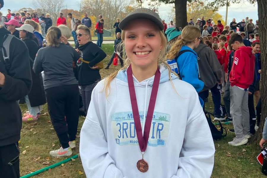 Liv Mueller, a South High sophomore, ran a 5K time of 20 minutes and 13 seconds, qualifying her for state. She now has the third fastest girls 5K time in South history but was also the first girl South has sent to state for cross country in over a decade. Photo Courtesy of South High Cross Country team.